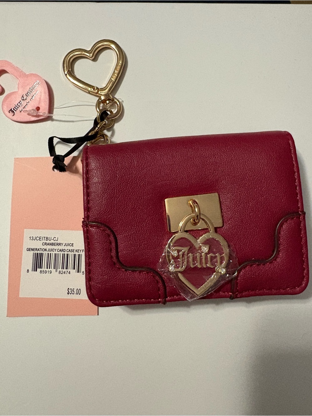 NWT Juicy Couture Cranberry Leather Card Case with Gold Heart Key Charm